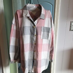 Plaid Button-Up Shirt in Pink and Gray